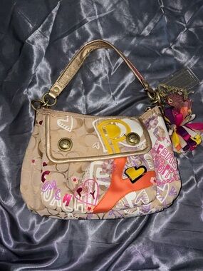 Coach Beige Signature Canvas Shoulder Bag with Colorful Graffiti Accents
